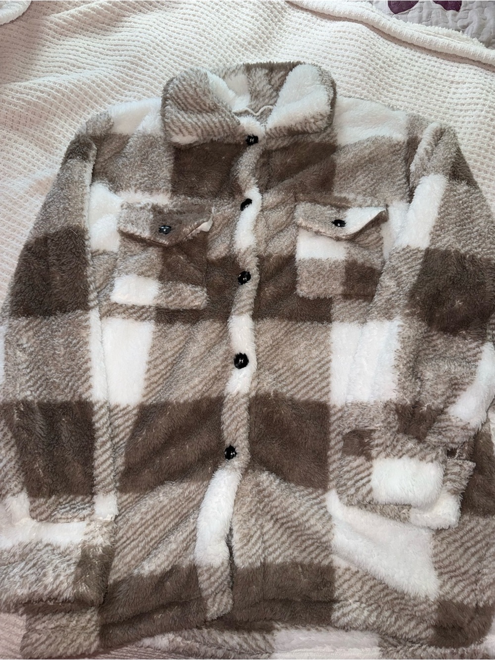 Plush Plaid Teddy Jacket - Cream & Brown